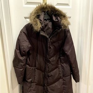 XL Eileen Fisher 3/4 length quilted down coat with removable fur trim
